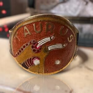 Vintage Brass Hand Painted TAURUS Zodiac Astrology Cuff Bracelet